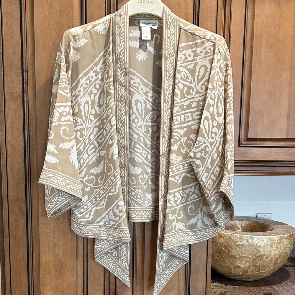 Coldwater Creek Beige and White Printed Open Cardigan